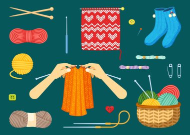 Örgü seti. Kırmızı ve sarı çizgili tekstil el sanatları yün iplikler örgü iğneleri sıcak mavi çoraplar süveterin doğal olarak örülmüş forması. Çizgi film vektör pamuğu.