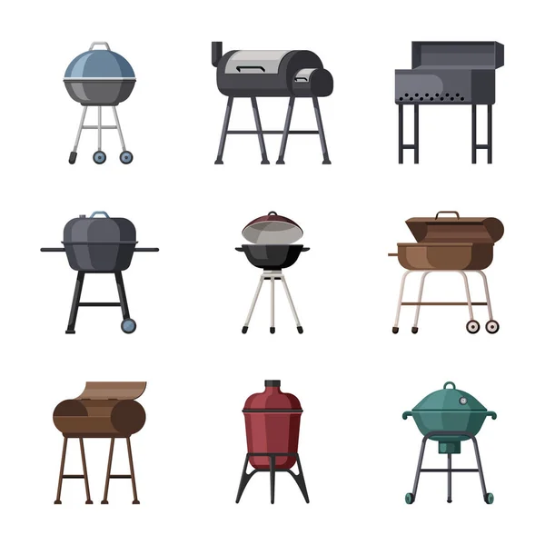 Parrillas portátiles listas. Equipo de cocina de metal para freír carne y verduras formas de barbacoa geométricas cuadradas redondas propano y carbón picnic diversión familiar al aire libre. Vector de dibujos animados chef. — Vector de stock