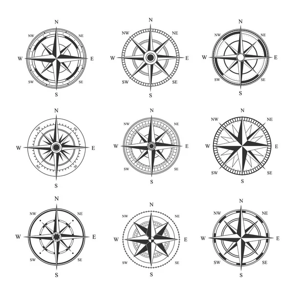 Set rosa dei venti. Simbolo monocromatico di cartografia con parti orientate della stella d'epoca nautica mondiale per apparecchiature di misurazione della latitudine e della longitudine dei marinai. Topografia vettoriale. — Vettoriale Stock