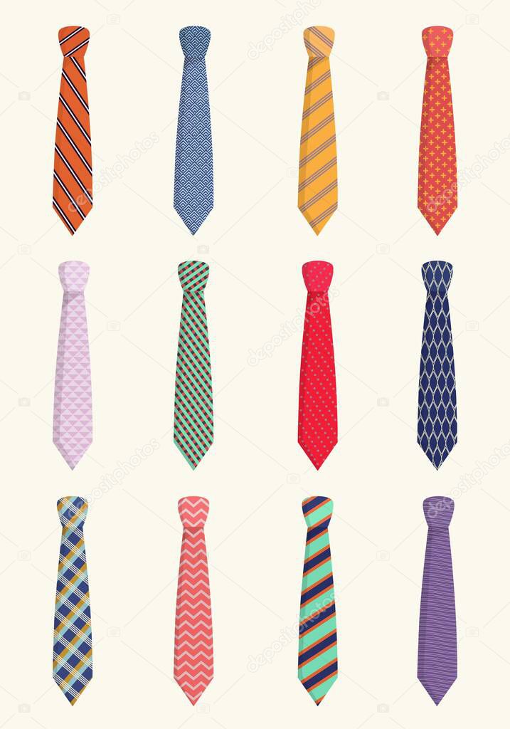 Ties for all occasions set. Trendy orange striped textiles with red checkers pink wavy with blue mesh and solid purple festive work piece clothing with elegant design. Vector cartoon style.