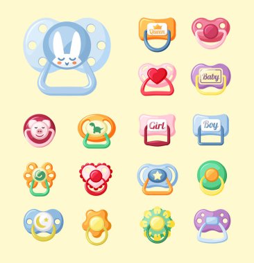 Emzik seti. Küçük kraliçeler, sevimli domuz kafaları ve mavi yazıtlarla süslü sarı papatya turuncusu ve neşeli silikon dinozorlu kız ve erkek çocukları. Vektör karikatürü.