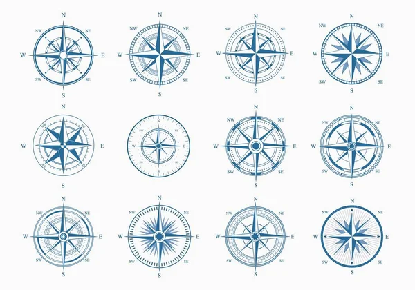 Zeewind ging liggen. Blauwe inkt cartografie met oriëntatie delen van de wereld nautische vintage ster voor topografie zeelieden breedte en lengte navigatie meetapparatuur. Vectorontdekking. — Stockvector