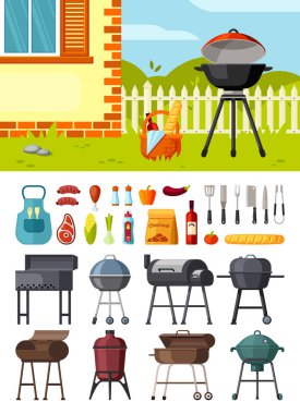 Brezilyalılar ve barbekü seti. Et ve sebzeleri kızartmak için pişirme ekipmanı metal kare geometrik şekiller propan ve kömür pikniği açık hava aile eğlencesi. Çizgi film vektör ızgarası.
