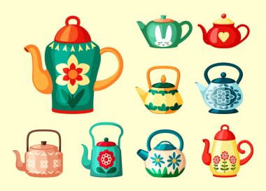 Colored teapots with drawings set. Bright green vessel with red vintage flower and yellow heart brewing ceramic decoration hares head and floral colorful ethnic ornament. Vector hot tea.