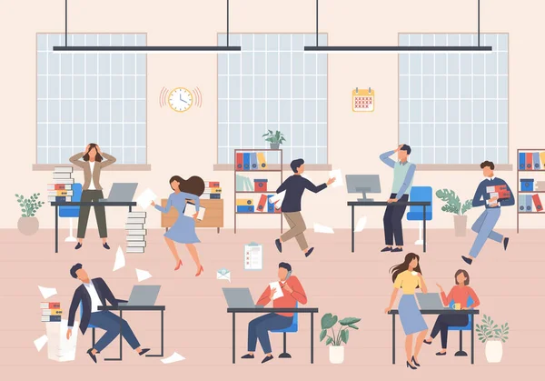 Stressful working day in office illustration. Running male and female characters overwhelmed with tasks cannot withstand psychological stress deadlines delivery project. Vector overwork. — Stock Vector