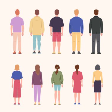 Ayakta duran erkekler ve kadınlar geri görüş seti. Modaya uygun giyinen genç kızlar ve erkekler, sırtı şık saç stillerine dönmüş, mavi süveter ve zarif şortlu kırmızı bluz giyerler. Çizgi film vektörü.