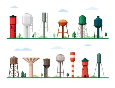 Retro and modern water towers set. Geometric industrial constructions tanks for storing supplies drinking liquid tall gray frames with vertical ladders maintenance infrastructure. Cartoon vector. clipart