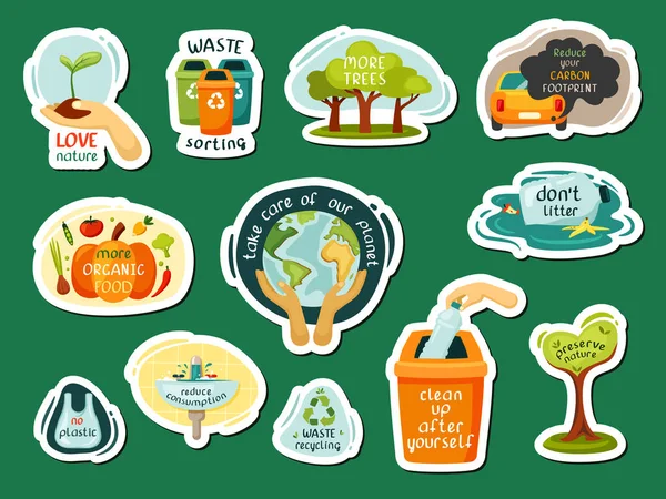 Schoonmaken planeet van afval en recycling stickers set. Het kweken van biologisch voedsel en herbebossing zorgen voor schoon water reservoirs met teelt van groene ruimtes. Vector cartoon reiniging. — Stockvector