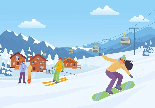 Vrolijke wintersport illustratie. Vrouw gaat bergafwaarts snowboard met mannelijke karakter op ski 's gezellige resort huizen tussen besneeuwde dennenbomen en comfortabele kabelbaan. Vectorrust — Stockvector