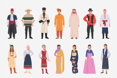 Etnik kıyafetler giymiş farklı milletler. Meksika pançolu Hindu türbanlı erkek ve Japon kimonolu kadın avatar karakterli beyaz toga kızı. Uluslararası vektör.