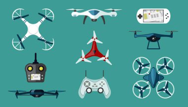 Teknolojik dronlar ayarlandı. Kırmızı renkli beyaz dijital kontrol panellerine sahip modern kablosuz kuadkopterler insansız gözetleme ve video çekimleri yapabiliyor. Vektör çoklu kopter.