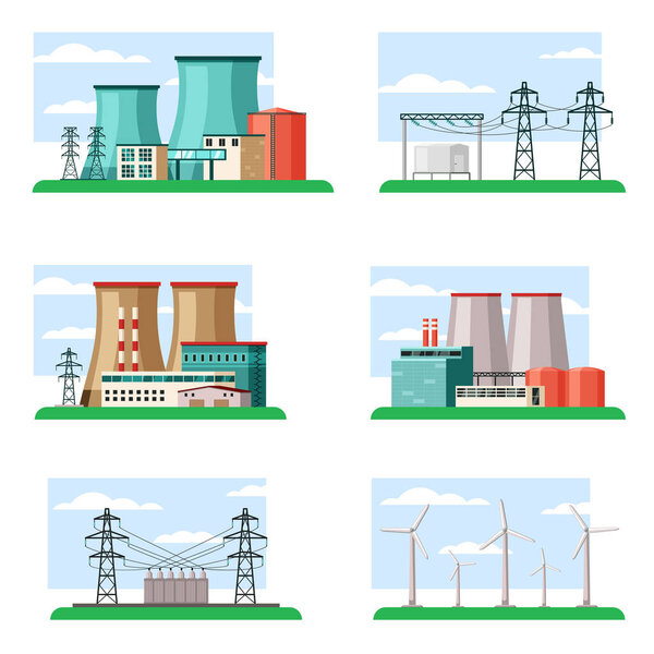 Установка промышленных и экологических электростанций. Технологические структуры мощные трубы топливо ядерного топлива и угольной подстанции контейнеры соединили железные столбы безопасных ветряных турбин. Эко-вектор мультфильма.