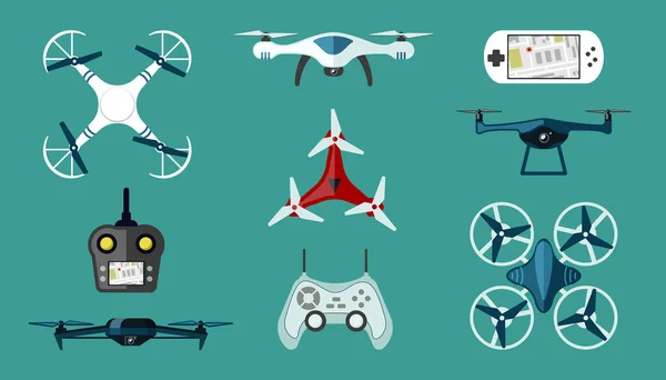 Technological drones set. Modern wireless quadcopters with red coloring white digital control panels with ability navigate delivery unmanned surveillance and video filming. Vector multicopter. — Stock Vector