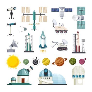 Space education for exploring traveling set. Planetary tracked scout drones and observatories with powerful telescopes rockets orbiting satellites shuttles parabolic antennas. Vector universe.