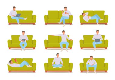 Man on sofa set. Male character in white sweater works laptop on green ottoman reads interesting book and sits thought watches news his smartphone while drinking coffee. Lifestyle vector.