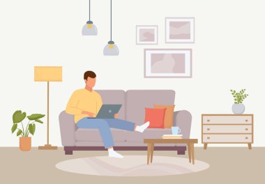 Convenient work at home illustration. Male character sitting with laptop cozy soft purple sofa calm atmosphere home leisure and relaxed freelancing in pandemic. Cartoon vector calmness.
