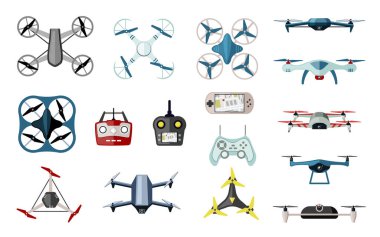 Varieties quadrocopters and drones set. Futuristic delivery and exploration models wireless with blue coloring white digital control panels with navigate unmanned surveillance. Vector multicopter.