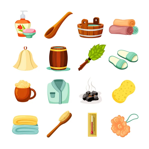 Traditional bath items set. Scented loofah soap and mug foamy beer wooden brown wellness ladle with bucket and massage green leafy broom barrel full hot black coals. Vector cartoon relaxation. — Archivo Imágenes Vectoriales