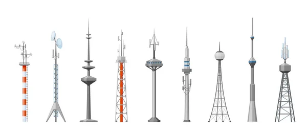 Cell towers and telecoms set. Metal construction with parabolic antennas radar spiers wireless global broadcasting and transmission digital industrial receivers for mobile 5g. Vector frequency waves. — Διανυσματικό Αρχείο