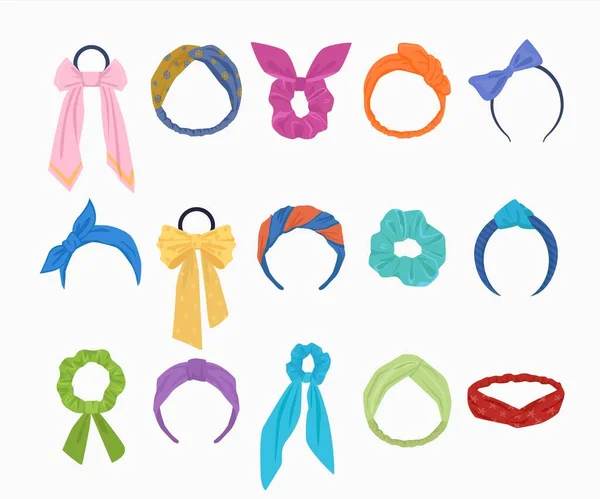 Fashionable hoops and hair ties set. Gold bow with green wreath braid womens yellow accessory with hanging blue ribbons stylish headband and vintage purple headdress. Vector stylish. — Vector de stock