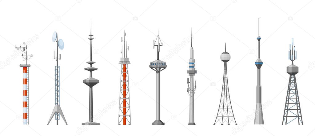 Cell towers and telecoms set. Metal construction with parabolic antennas radar spiers wireless global broadcasting and transmission digital industrial receivers for mobile 5g. Vector frequency waves.