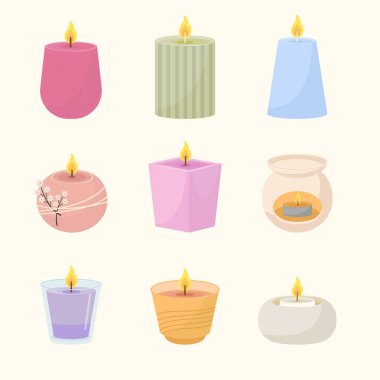 Kokulu mumlar hazır. Aromaterapi ile balmumu kırmızı gevşeme aromaterapi dekoratif mor güzellik pastel rahatlama zor bir günün ardından psikolojik tedavi stresi rahatlama, rahat sarı romantizm. Vektör memnuniyeti.