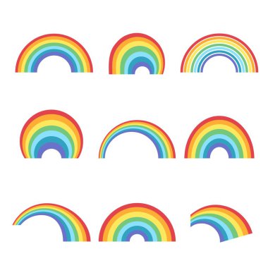 Geometrik gökkuşağı şekilleri ayarlandı. Renkli kıvrımlar, ışık kırılması, dekorasyon logoları ve sunumlardan sonra yaratıcı spektrum dekoratif olguyla doğal renk yayı oluşturur. Vektör çok renkli.