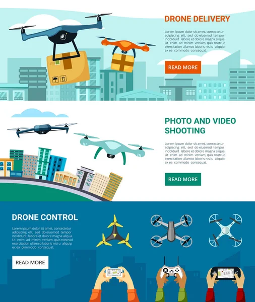 Kontrol dan gunakan banner horisontal drone. Barang pengiriman cepat kemungkinan video dan foto syuting dengan quadrocopters modern menggunakan smartphone dengan aplikasi untuk kontrol drone penuh. Vektor Kartun. - Stok Vektor