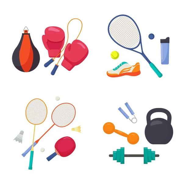 Sportuitrusting set. Bokshandschoenen met bokszak en springtouw tennisracket loopschoenen actieve badminton en zware halters voor spieropbouw. Vector sport vrijetijdsbesteding. — Stockvector