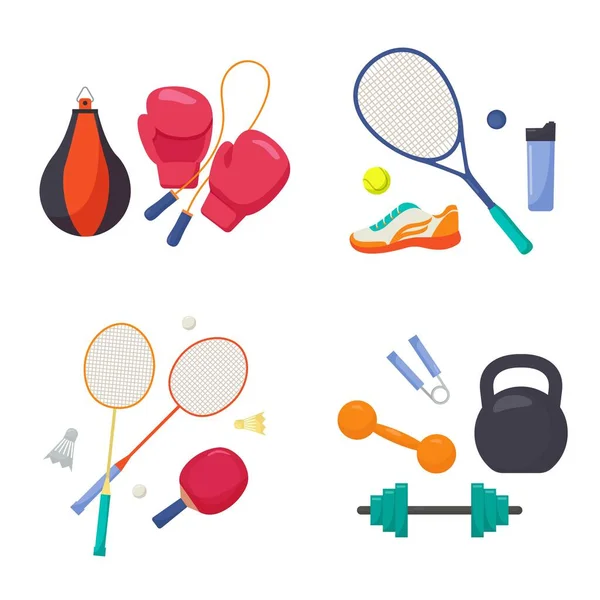 Spor ekipmanları hazır. Kas geliştirmek için boks eldivenleri ve ip tenis raketi atlamak aktif badminton ve ağır halterler. Vektör spor eğlencesi. Stok Illüstrasyon