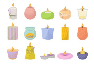 Rahatlatıcı aroma mumları. Spa salonları için kıvırcık balmumu ve aromaterapi mor güzellik pasteli ile meditasyon zor bir günün ardından stres atma, rahatlama, sarı romantizm. Vektör romantik çizgi film.
