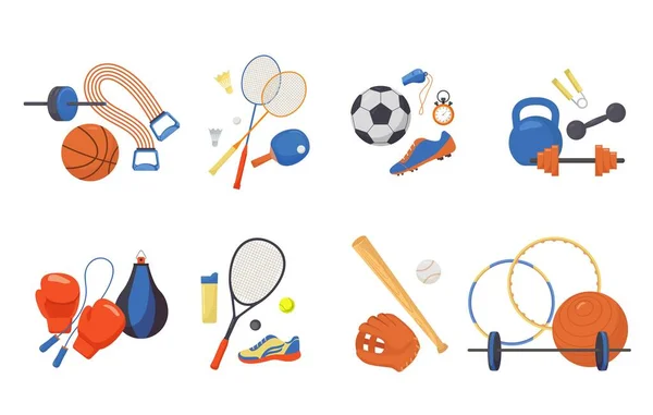 Conjunto de artículos deportivos. Guante y béisbol bat fitness ball con aros saco de boxeo y saltar raqueta de tenis cuerda activo bádminton y pesadas mancuernas para la construcción de músculo. Vector de ocio de dibujos animados. — Vector de stock