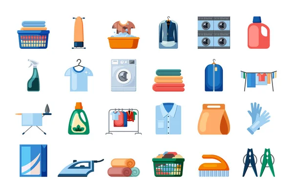 Cleaning accessories set. Rubber gloves with clothes brush and clothespins orange ironing board with modern washing machine powders with bleach in pulverizer. Vector cartoon household. — Stock Vector