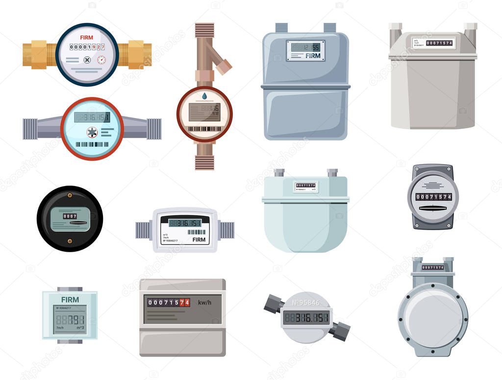 Industrial and household meters set. Equipment with software filling electronic indicators retro mechanical gas and water consumption accounting with precise figures. Vector measurement.