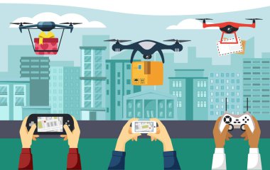 İnsansız hava araçları örnekleri dağıtır. Eller, kuadkopter navigasyon için elektronik kontrol panelleri ve akıllı telefonları tutuyor. Büyük harflerden gelen modern helikopter teslimatları. Vektör çizgi film yeniliği.