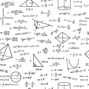 Matematiksel formülleri kusursuz desenli geometrik şekiller. Beyaz yüzey trigonometriği ve hesaplama eğitimi üzerine el yazısıyla yapılan cebirsel hesaplamalar temel teoremi çizer. Vektör bilgisi.
