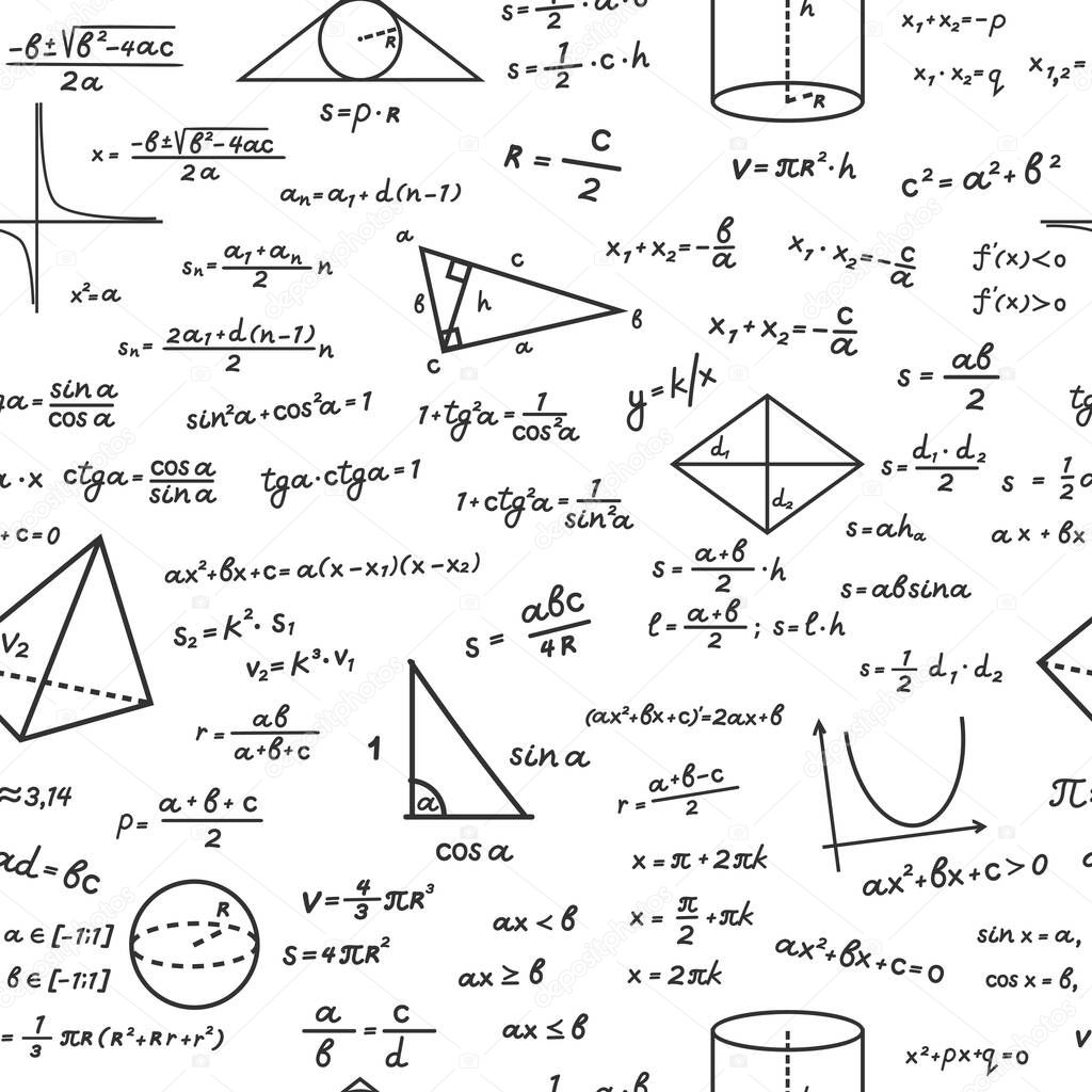 Geometric shapes with mathematical formulas seamless pattern. Handwritten algebraic calculations on white surface trigonometric with computation education drawings basic theorem. Vector knowledge.