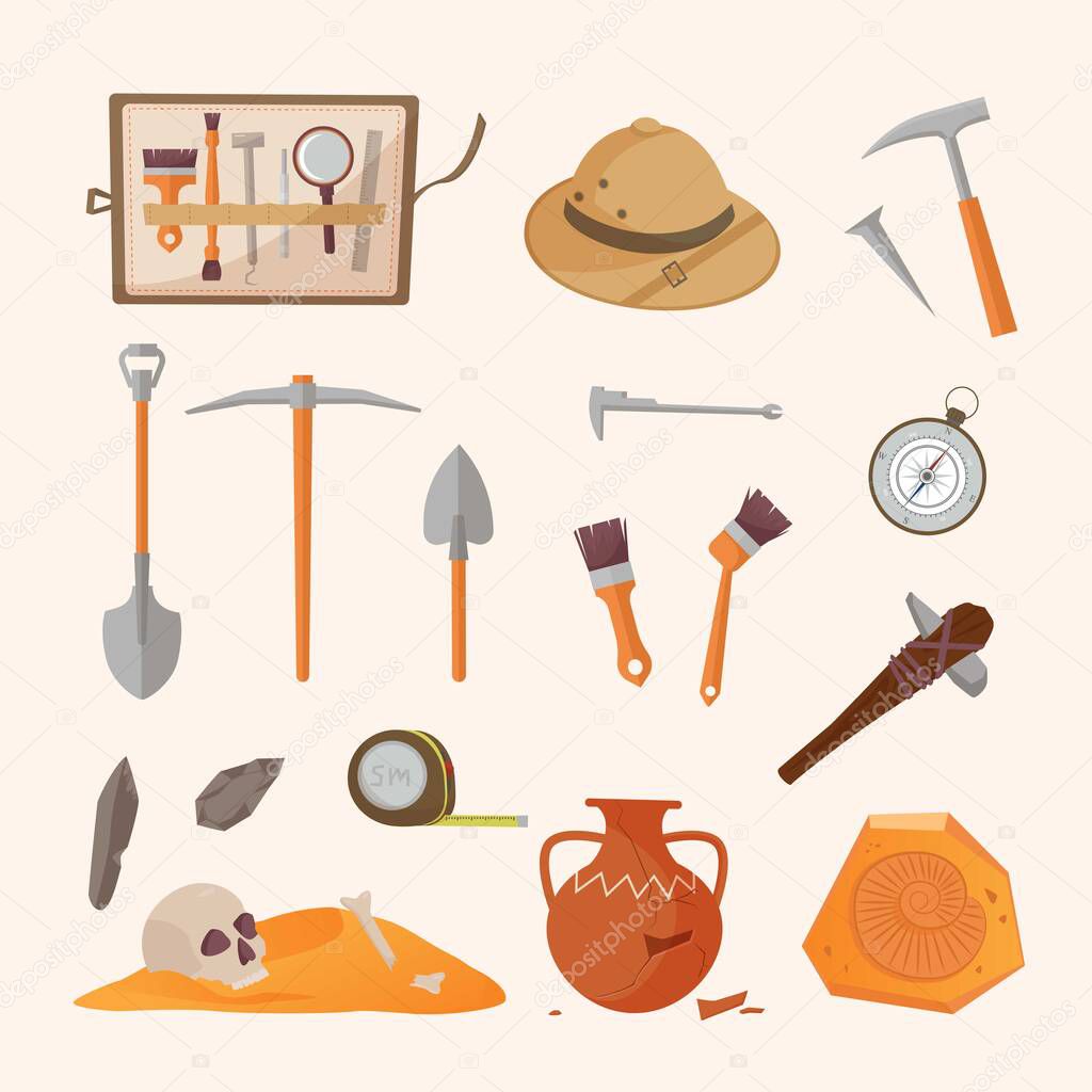 Archaeological tools and finds set. Brushes instruments for excavating historical treasures sun hat tape measure for measuring territory ancient amphora and tools primitive people. Vector artifacts.