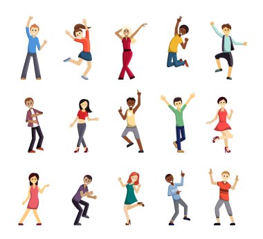 Dans edip zıplayan mutlu insanlar seti. Neşeli genç kadınlar ve erkekler parti ve bayramlar için heyecanlı doğum günü ve dostluk etkinlikleriyle neşeli mutluluklar. Vektör çizgi film yaşam biçimi.