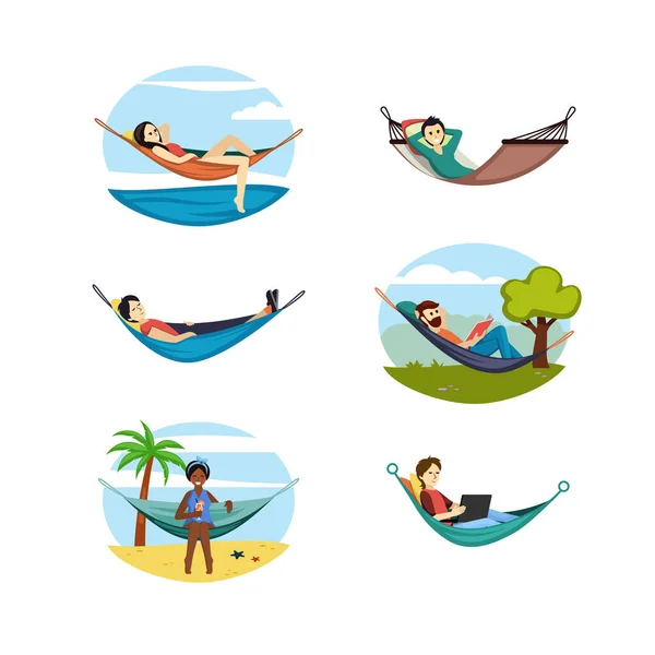Люди отдыхают в гамаках. Расслабляющие женщины и мужчины тропических пляжей и в природе удобные растяжки кровати для спокойного сна и чтения книг работают онлайн в естественной обстановке. Мультяшный вектор. — стоковый вектор