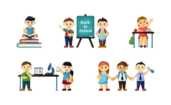 Children go back to school set. Little boys and girls happily sit their desks and conduct chemical experiments read new educational books and meet enthusiastic friends. Vector study. — Stock Vector