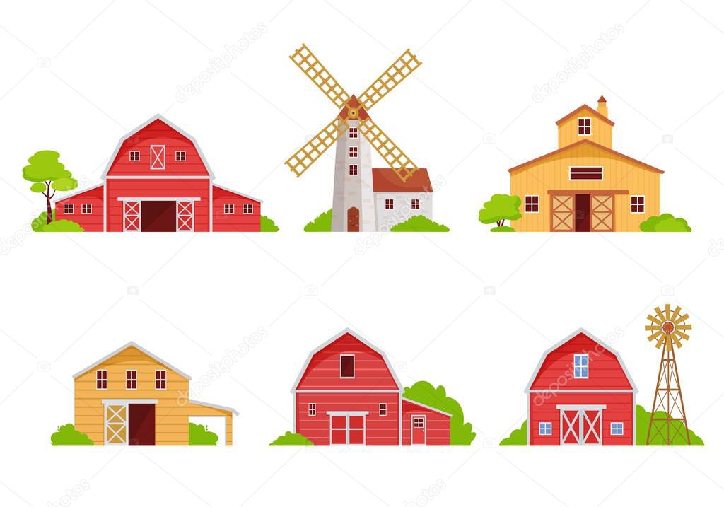 Farm houses and barns set. Red wooden buildings for housing grain storage rustic architecture farming mill and windmills for grinding crops generating electricity. Natural cartoon vector.