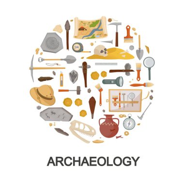 Arkeolojik bulgular ve kazı araçları ayarlandı. İlkel insanların kemikleri ve aletleri fırçalarla çekiç, tarih öncesi aletler, dinozor kafatası, eski altın sikkeler, harita. Vektör araştırması.
