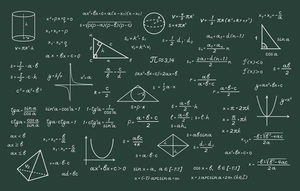 Złożone obliczenia matematyczne z kredą zielona ilustracja tablicy. Wzory trygonometryczne z obliczeniami algebraicznymi z rysunkami geometrycznymi równań podstawowych i teoretycznych. Uniwersytet Wektorowy. — Wektor stockowy