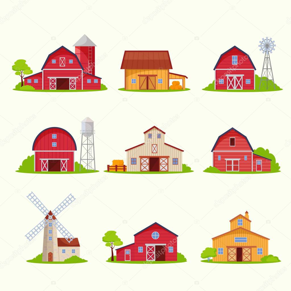 Retro rustic houses and barns set. Windmills for grinding crops red wooden buildings for housing grain storage rural architecture farming mill generating electricity. Natural cartoon vector.