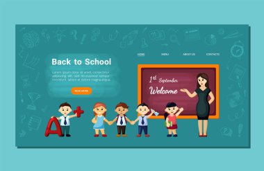 Neşeli çocuklar okul iniş sayfasına geri dönüyor. Neşeli öğrenciler, yeni akademik yılda ilginç konuları öğrenen arkadaşlar ve öğretmenlerle birlikte okula dönüyorlar. Vektör çizgi film eğitimi.