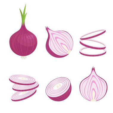 Soğanlar bir bütün ve dilimler halinde. Baharat ve pişirme için taze, mor sebze ve salata için ince halkalar kes ve doğal, sağlıklı ve doğal diyet süsle. Vektör karikatür hasat.