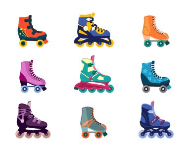 Ayakkabı takımındaki renkli silindirler. Aktif eğlence fitness ile interline paten koşu eski tekerli ayakkabılar 80 'lerden ve 90' lardan kalma çocuklar ve yetişkin bedenleri modaya uygun klasik tarzda. Vektör karikatürü.