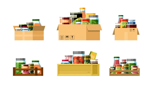 Cajas con juego de alimentos enlatados. Raciones envasadas con los productos necesarios para las latas de almacenamiento a largo plazo los agricultores preparaciones de champiñones y tomates y envasado con pescado y cerdo. Caricatura vectorial — Vector de stock