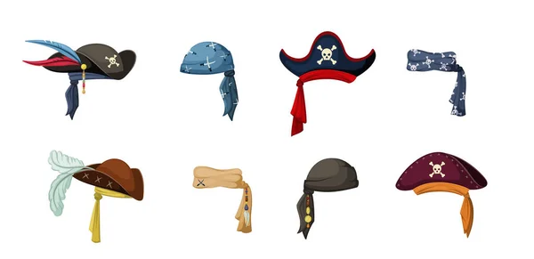 Pirate topi vintage ditetapkan. Syal kepala berwarna dan hiasan kepala yang rumit dengan simbol bulu kapten corsair dan pakaian tradisional pelaut perampok laut dan perampok. Perampokan kartun vektor. - Stok Vektor